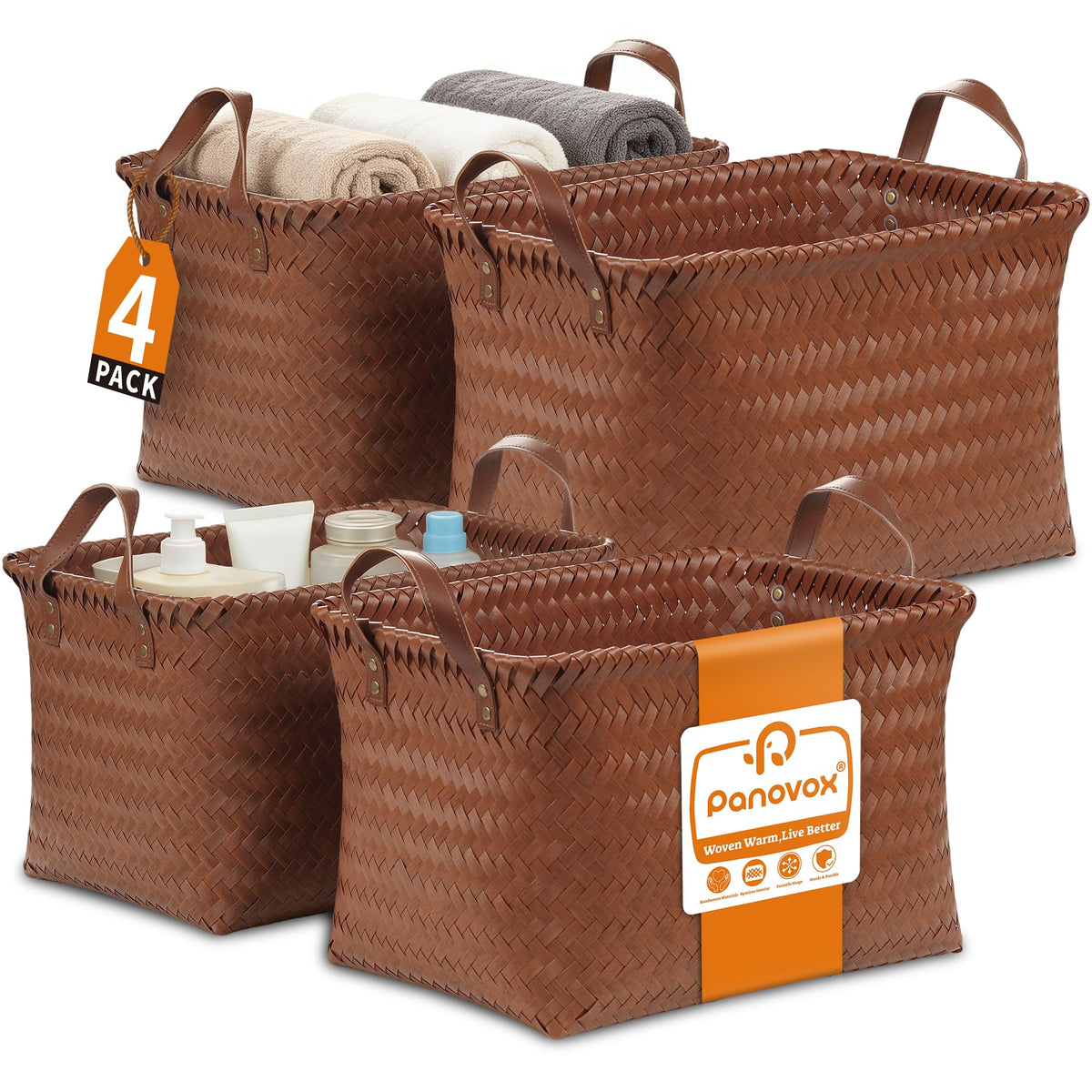 Panovox hand-woven rectangular basket on shelf for neat storage.