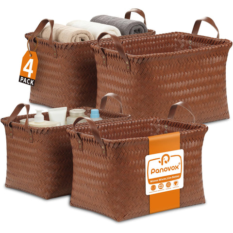 Panovox hand-woven rectangular basket on shelf for neat storage.