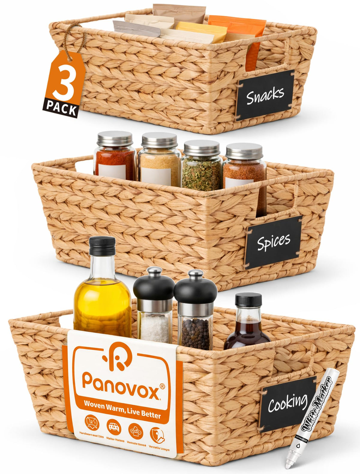 Panovox pantry organizers three-piece set displayed on a shelf for quick access.