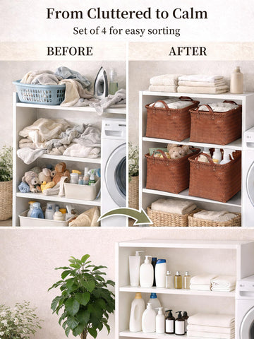 Panovox rectangular storage basket with vegan leather handles for easy carrying.