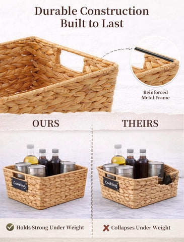 Panovox water hyacinth baskets with chalkboard labels for clear category cues.