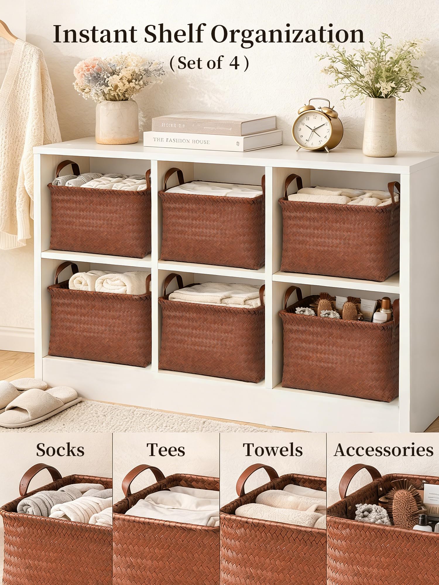 Panovox four-pack water-resistant wicker baskets keeps laundry organized.