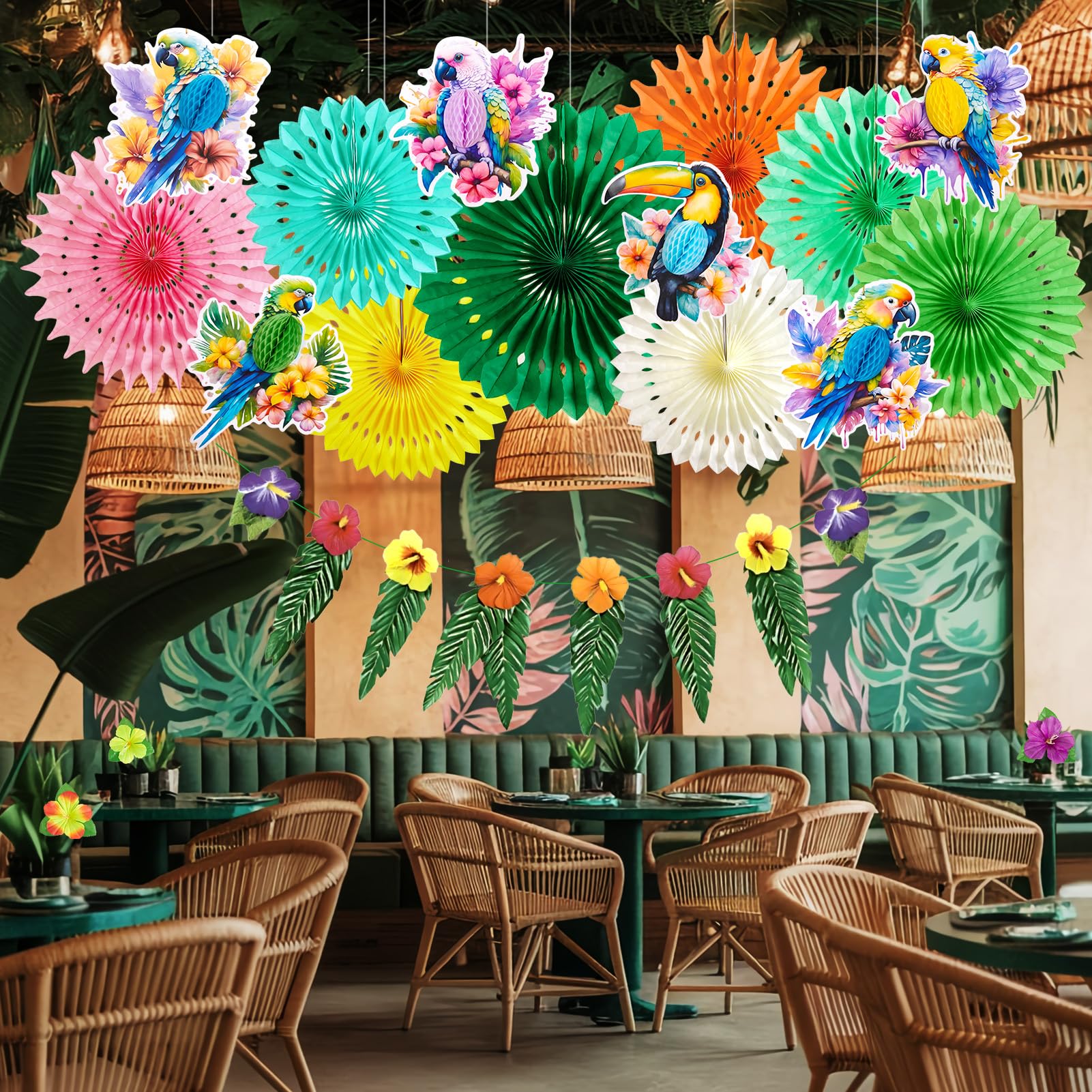 Paper Jazz birds and jungle theme decor creates a memorable party atmosphere