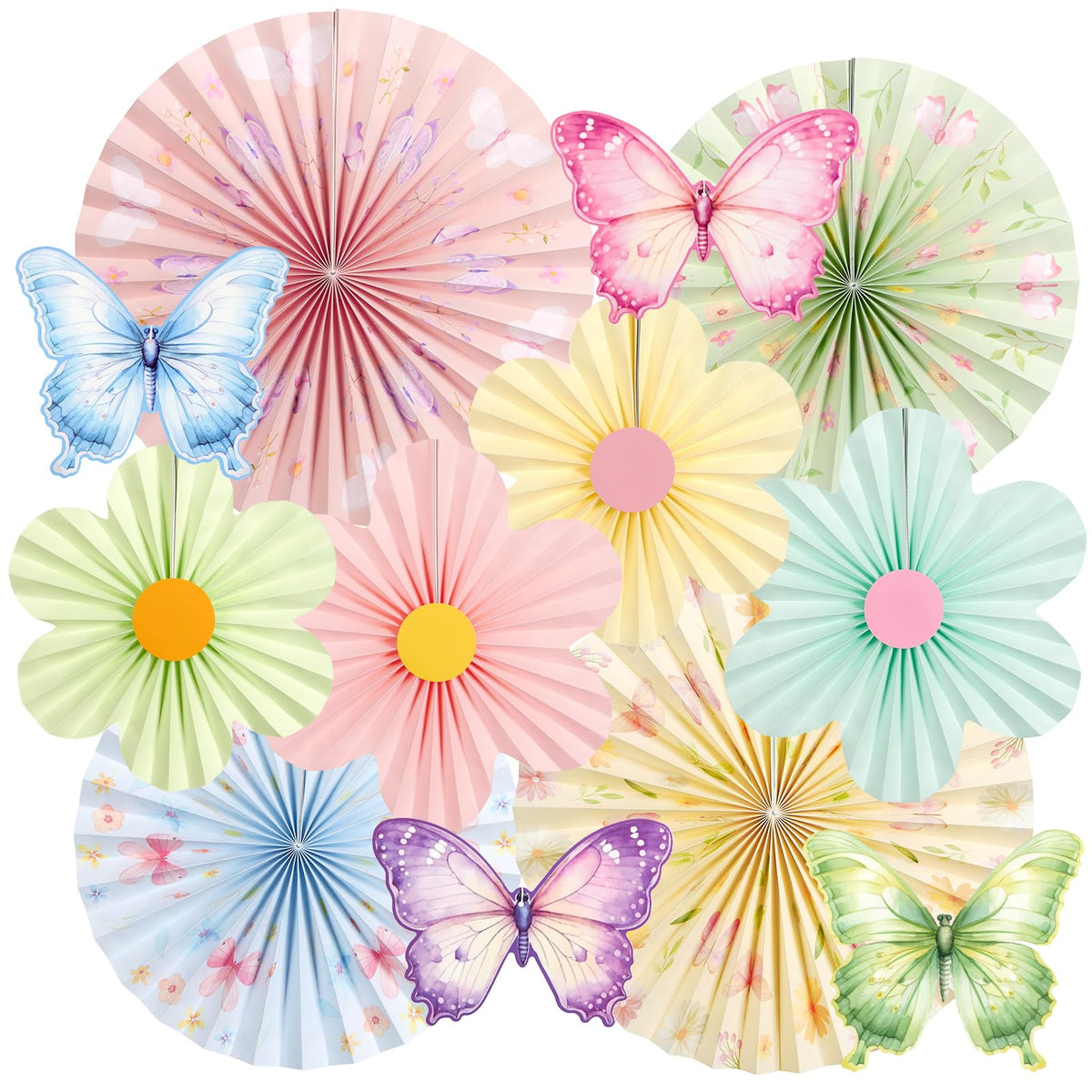 Paper Jazz butterfly flower paper fan on wall adds garden party flair.