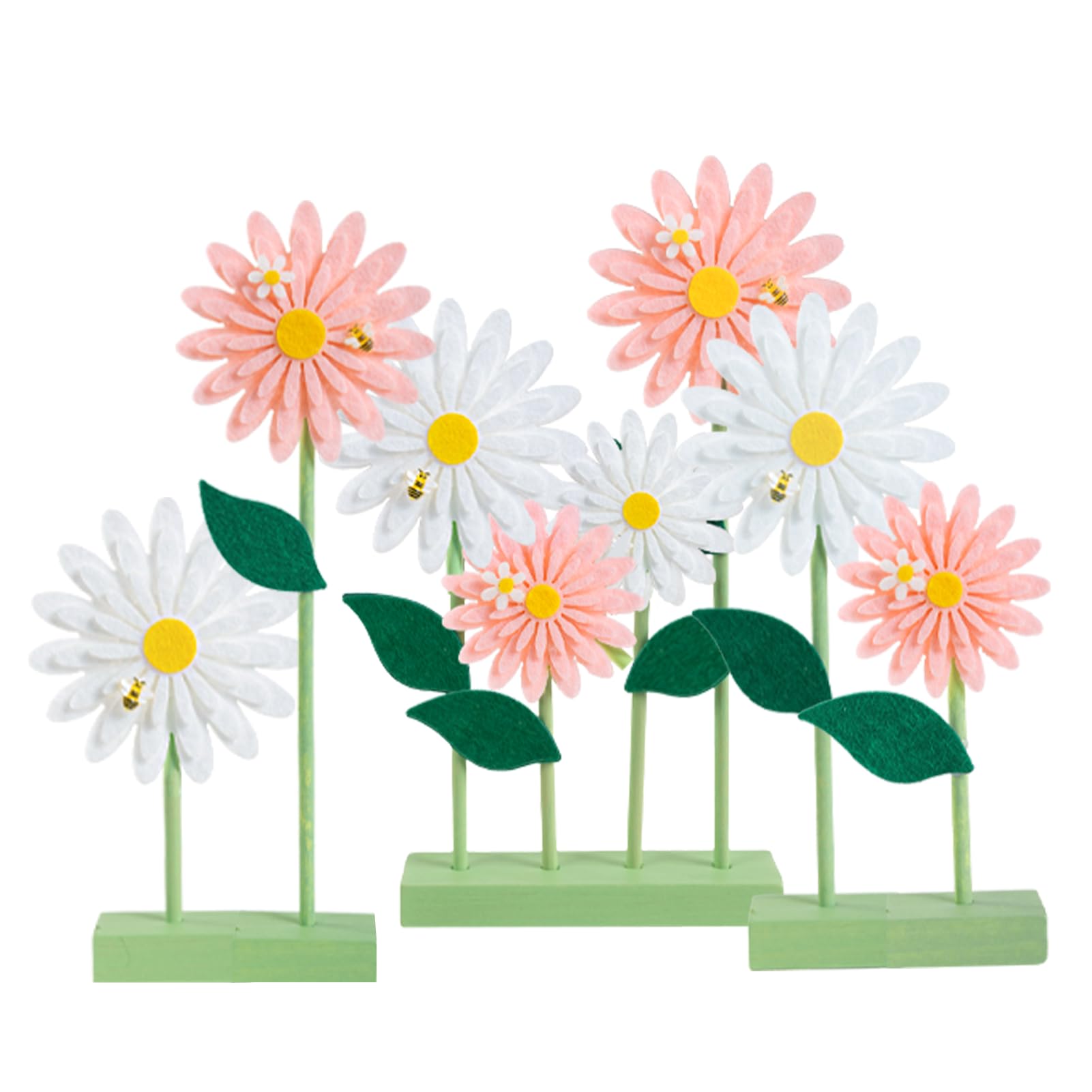 PAPER JAZZ Daisy Centerpiece pink and white felt flowers on a tabletop, ideal spring decor