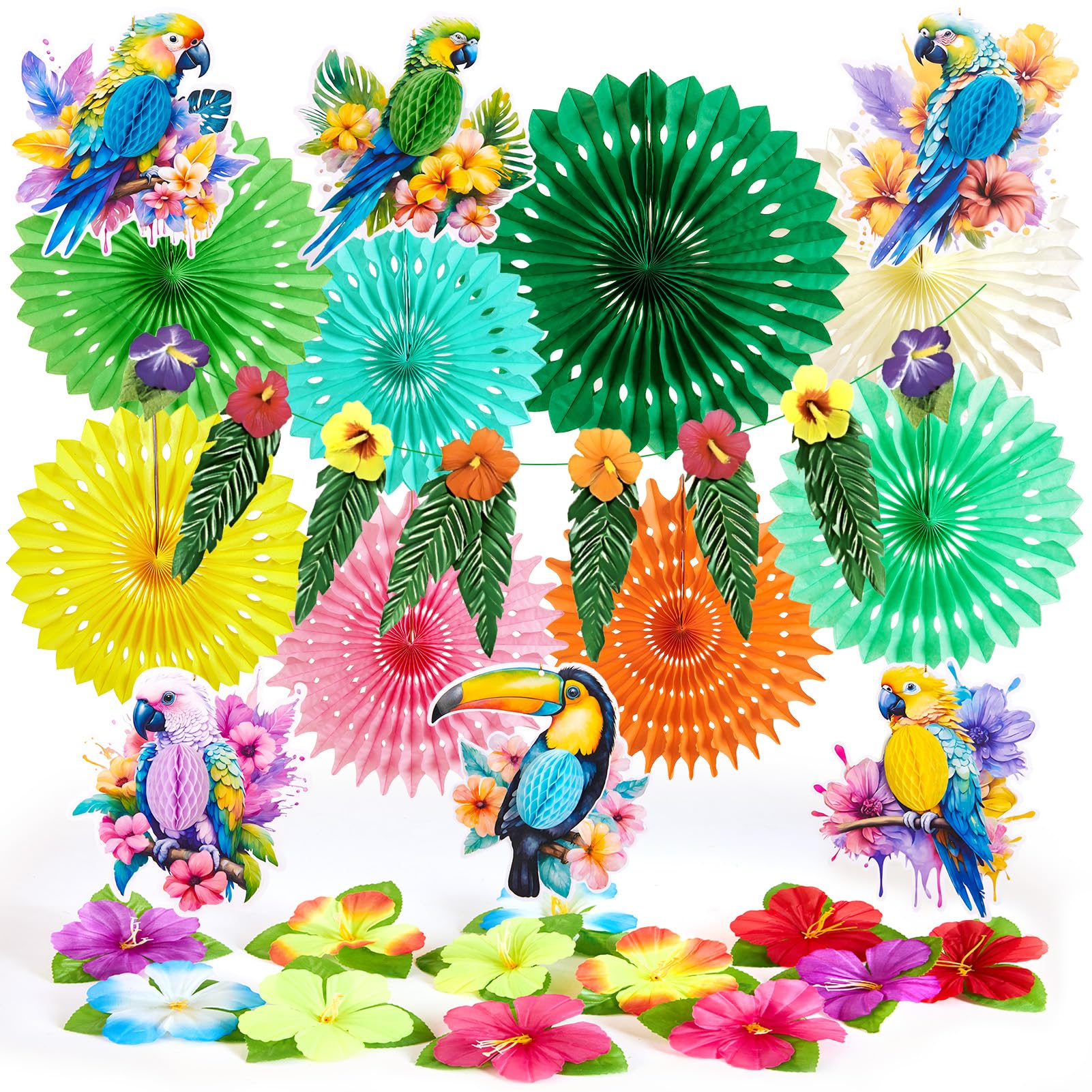 Paper Jazz tropical toucan hibiscus ornaments for quick, vibrant luau décor