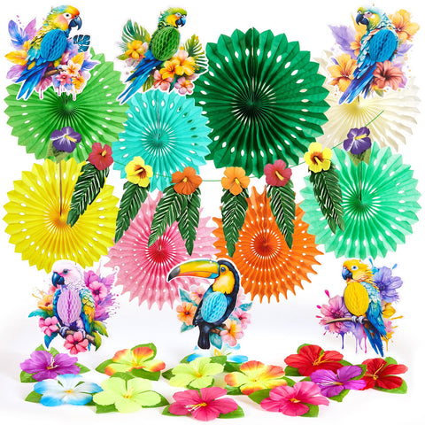 Paper Jazz tropical toucan hibiscus ornaments for quick, vibrant luau décor