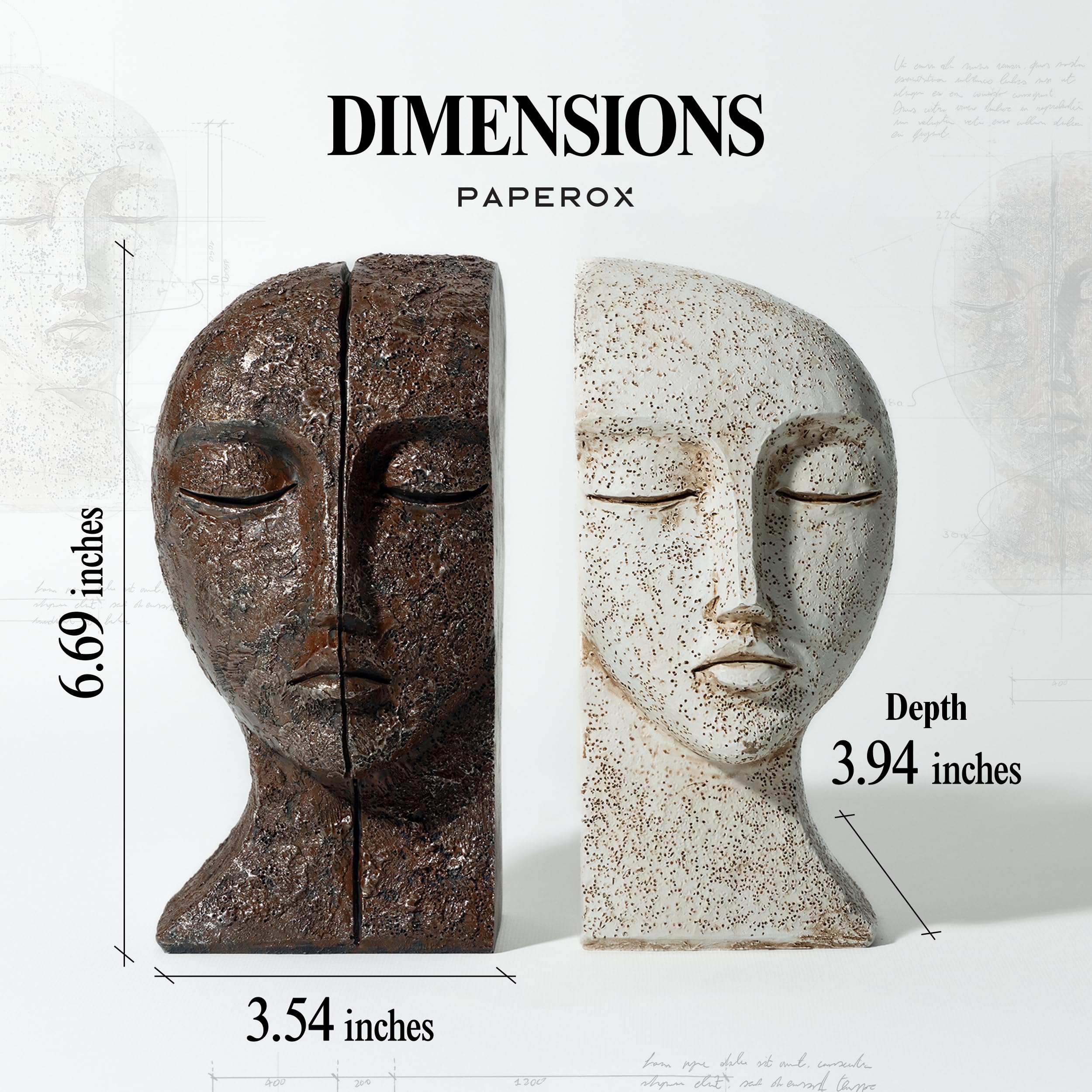 PAPEROX decorative bookends feature calm facial contours for elegant shelf display.