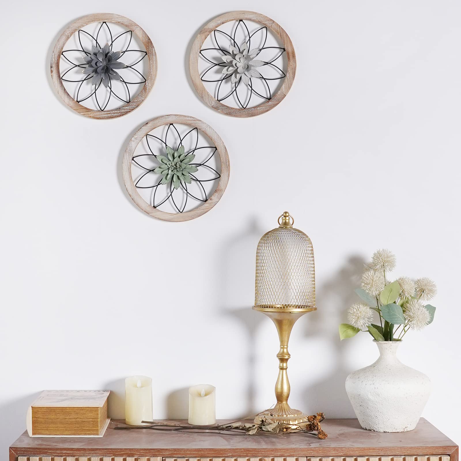 Paquesta wood and metal rustic wall decor with a washed white finish.