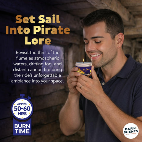 Park Scents Flume Candle pirate-inspired scent sparks adventurous evenings.