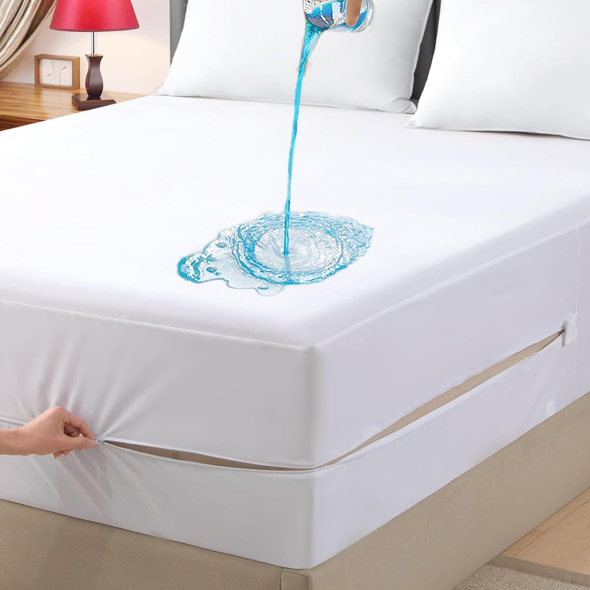Parkdeny King waterproof zippered mattress encasement shown on bed for spill protection