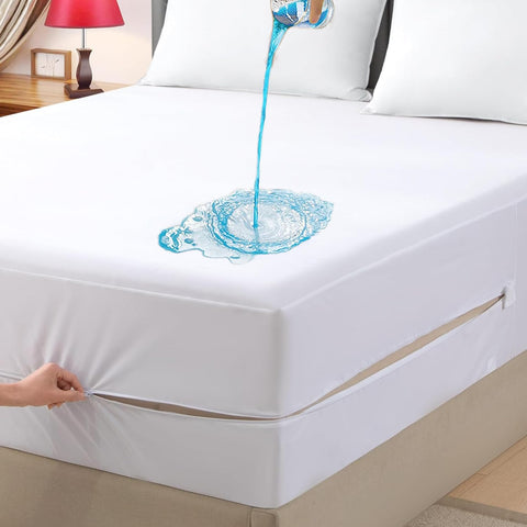 Parkdeny King waterproof zippered mattress encasement shown on bed for spill protection