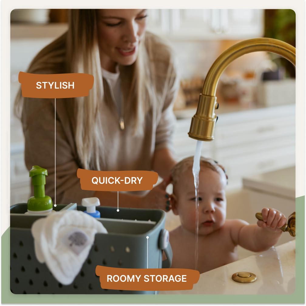 Parker Baby Co. drain-hole caddy prevents water buildup on bathroom surfaces.