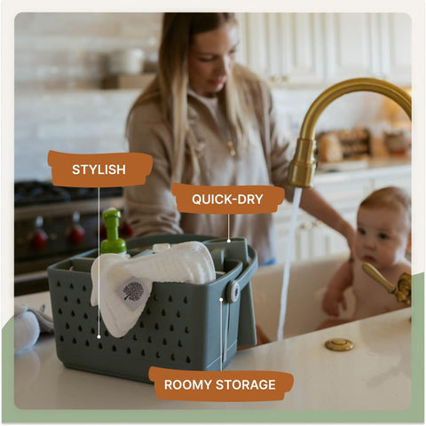 Parker Baby Co bath caddy removable inserts create four tidy compartments.