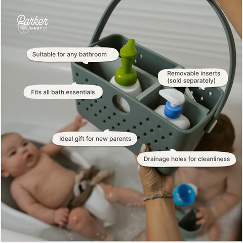 Parker Baby Co bath caddy neutral design fits any bathroom décor.