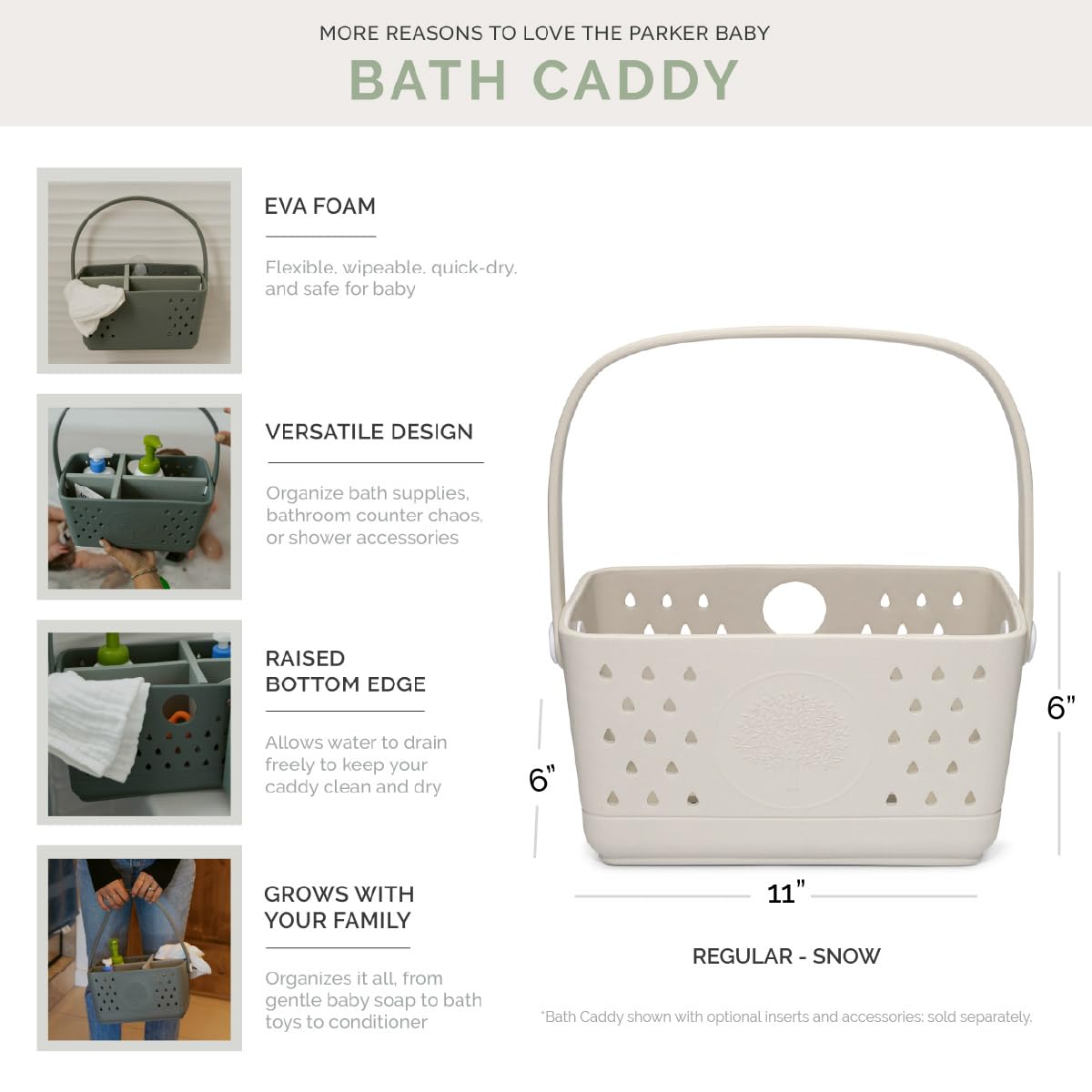 Parker Baby Co. removable inserts offer four compartments for bath essentials.