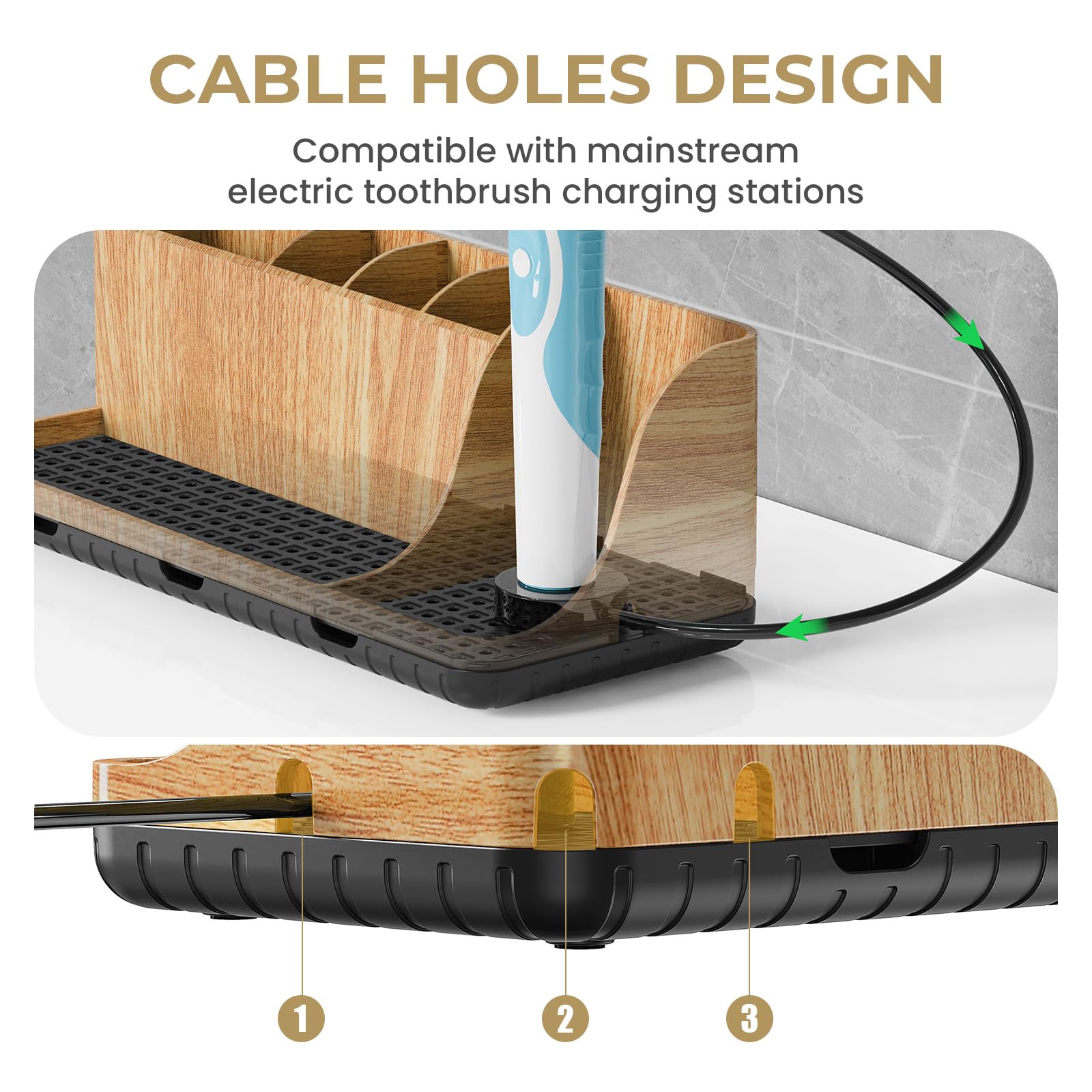 Parkmani electric toothbrush holder with cable holes for convenient charging.