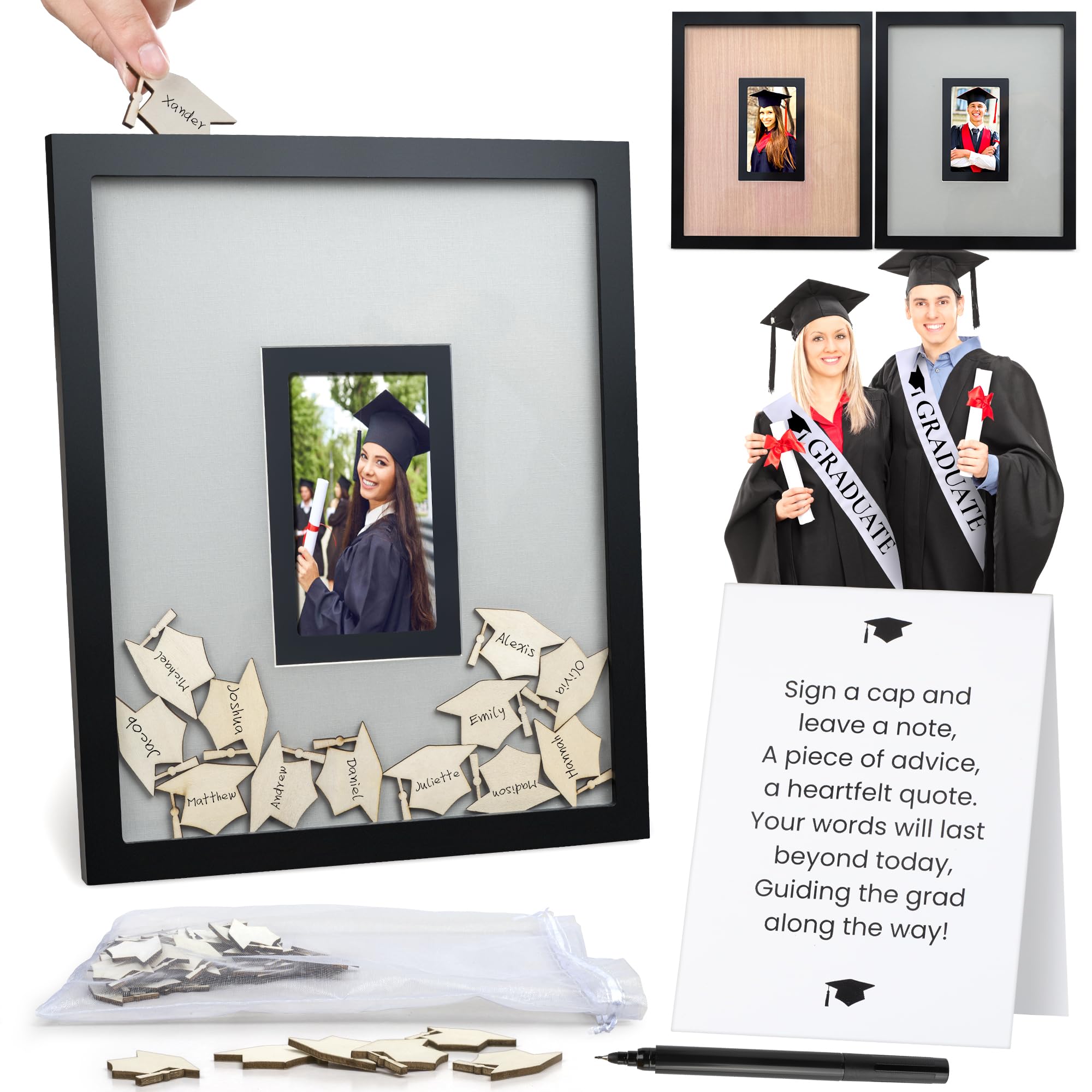 Parkway Home Graduation Guest Book frame featuring signed caps and grad photo for lasting memory.