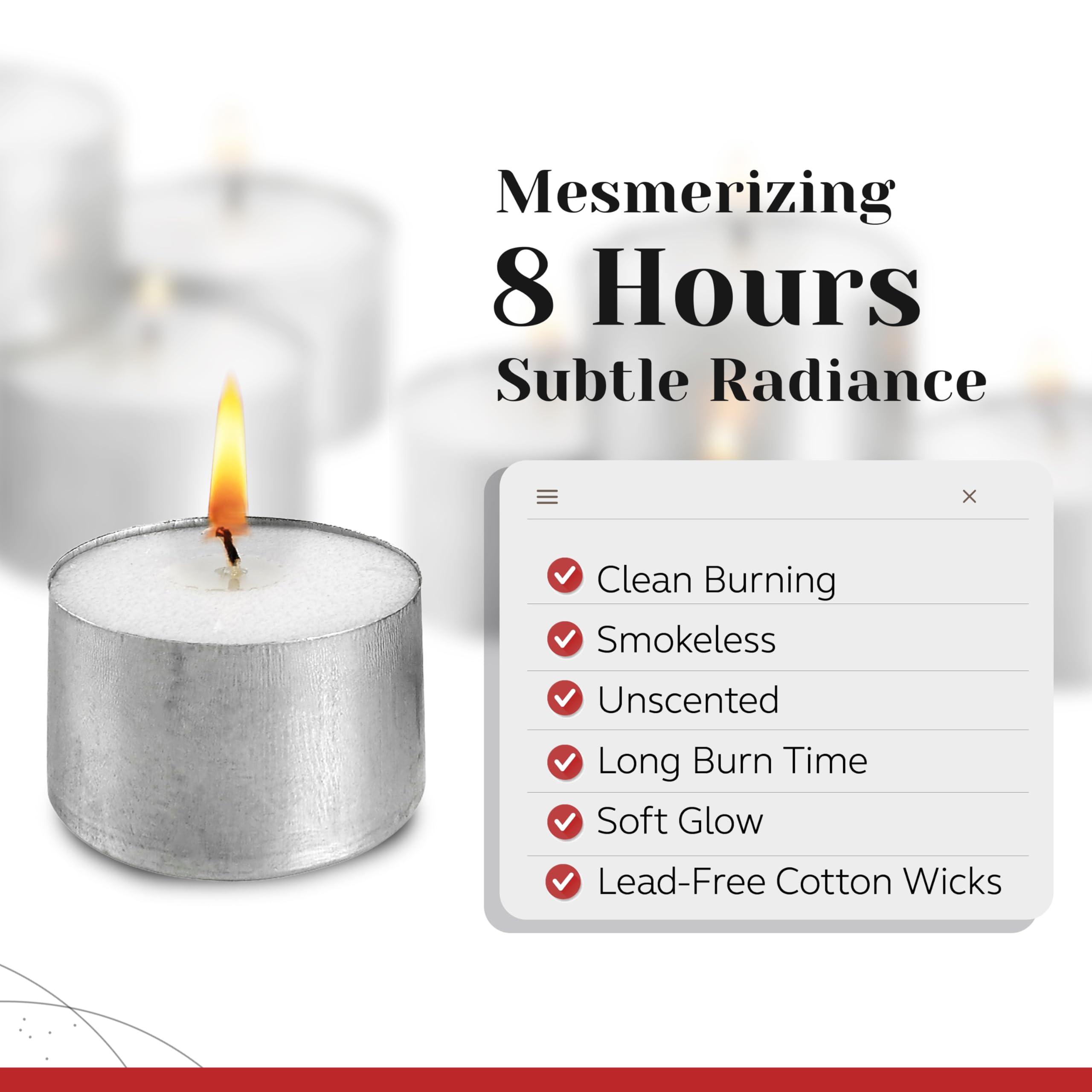 Parnoo unscented tea light candle in metal cup for clean, soot-free ambiance.