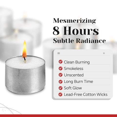 Parnoo unscented tea light candle in metal cup for clean, soot-free ambiance.
