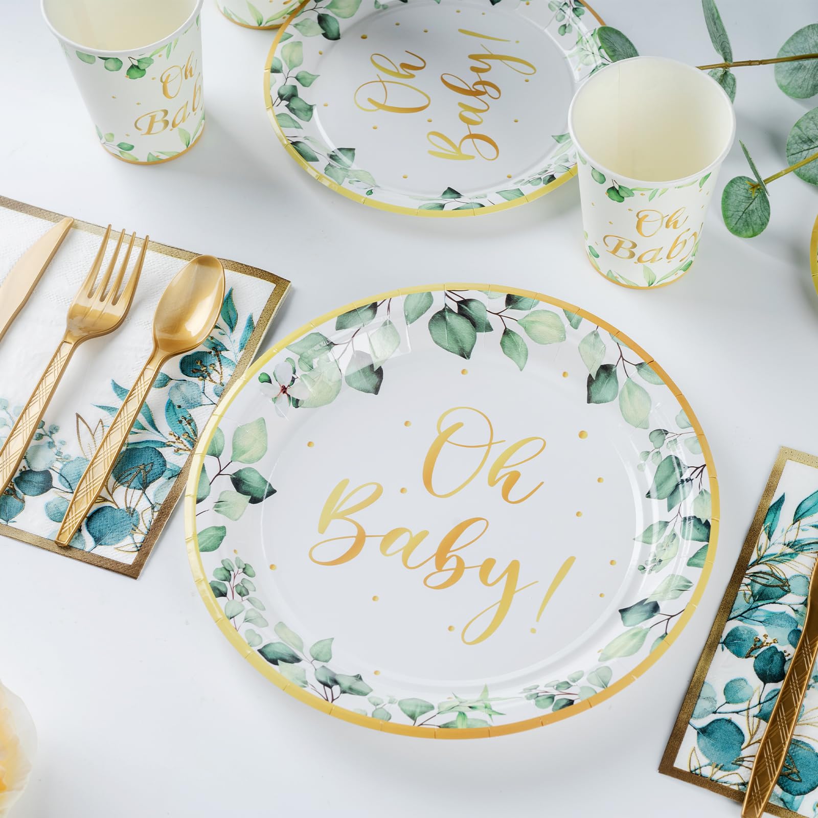 PartXcede Oh Baby sage-greenery cups with gold accents for easy drinks and cleanup
