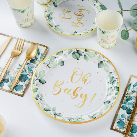 PartXcede Oh Baby sage-greenery cups with gold accents for easy drinks and cleanup