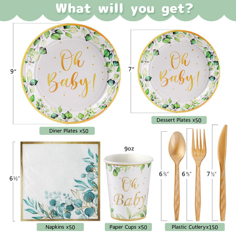 PartXcede Oh Baby sage-greenery dessert plates with gold border ready for sweet treats