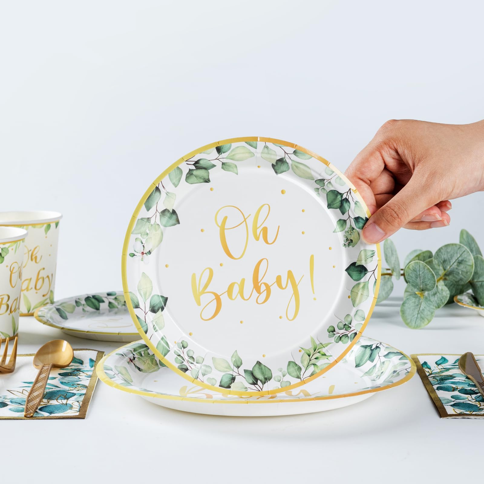 PartXcede Oh Baby sage-greenery napkins complementing plates and cutlery with a cohesive look