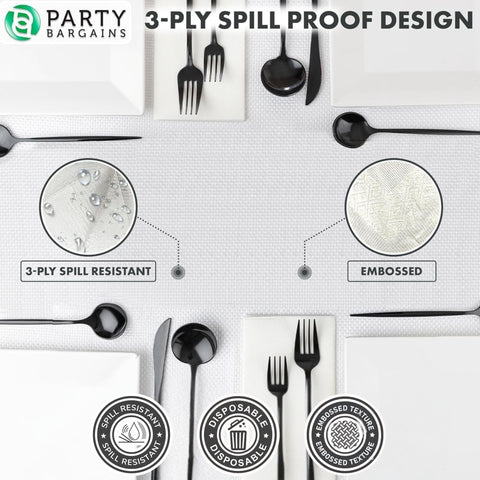 Close-up of PARTY BARGAINS 3-ply layers showing reinforced backing and spill resistance.