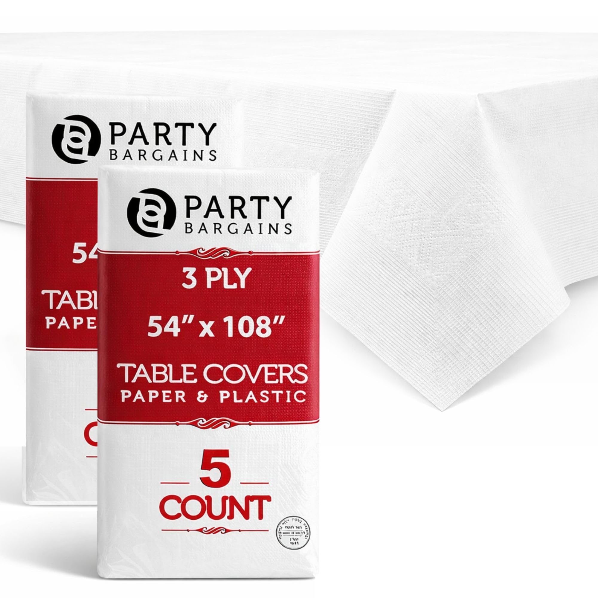 PARTY BARGAINS table covers on a 54x108 banquet table for pristine presentation.