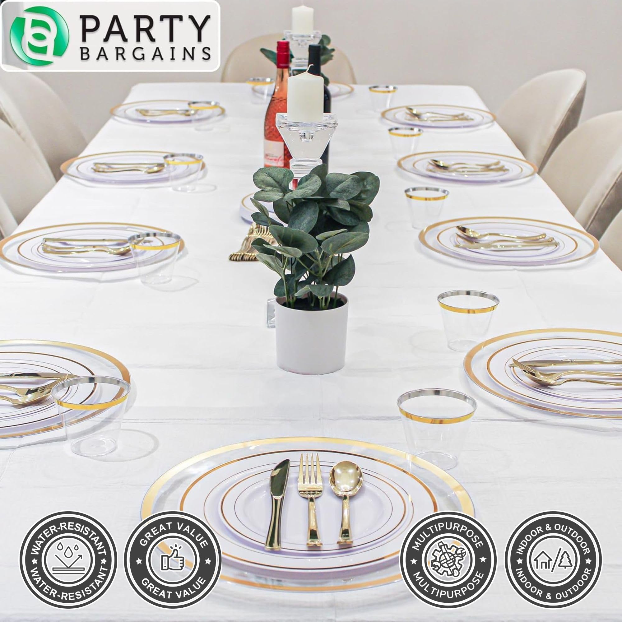 PARTY BARGAINS white table cover on a rectangular table in dining setup.