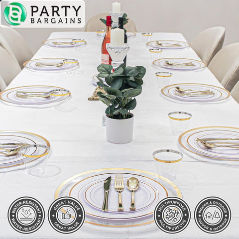 PARTY BARGAINS white table cover on a rectangular table in dining setup.