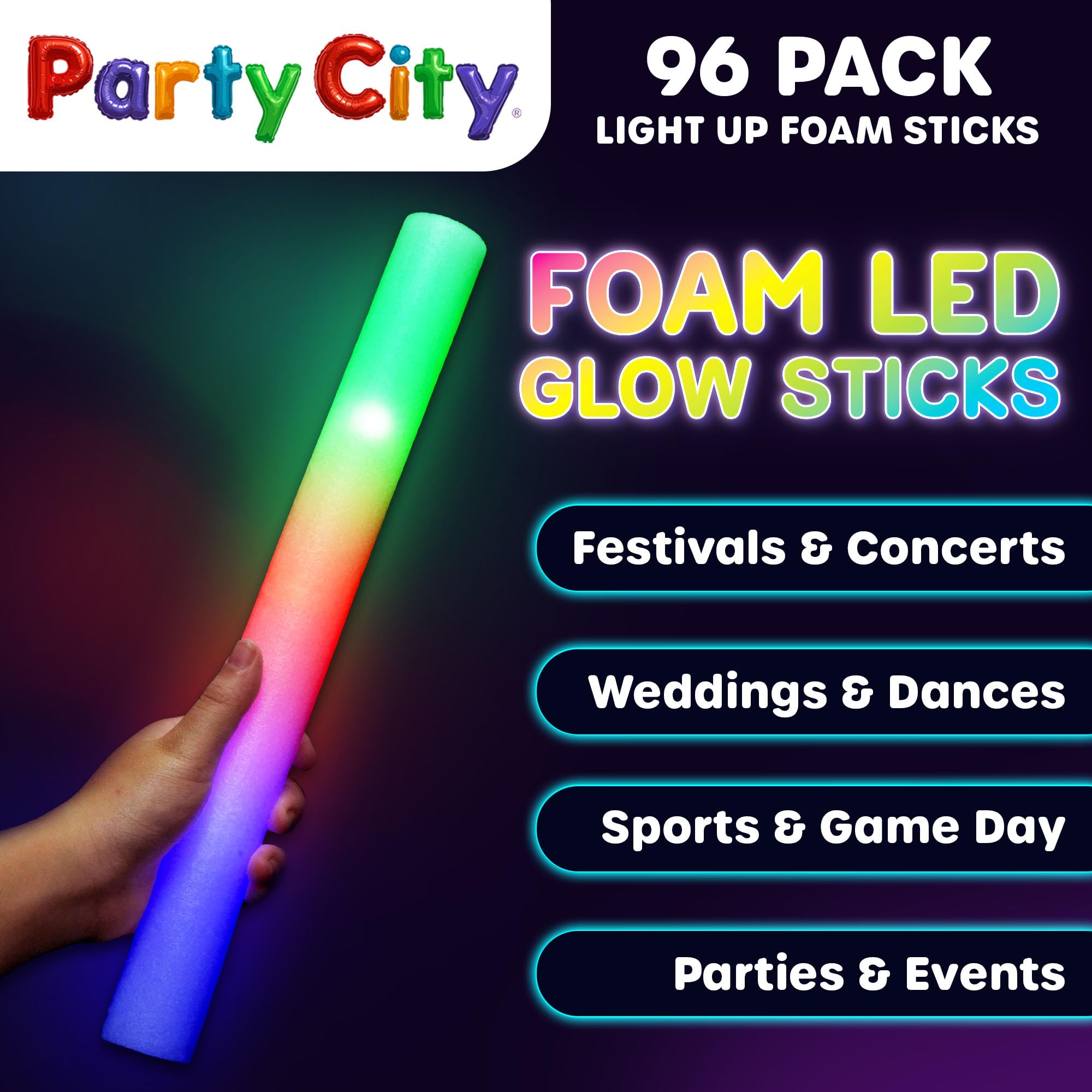 Party City three-color LED glow modes for vibrant party moments.
