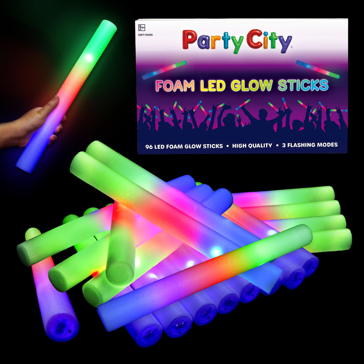 Party City 96pk LED foam glow sticks illuminate 14-inch white wands for celebrations.