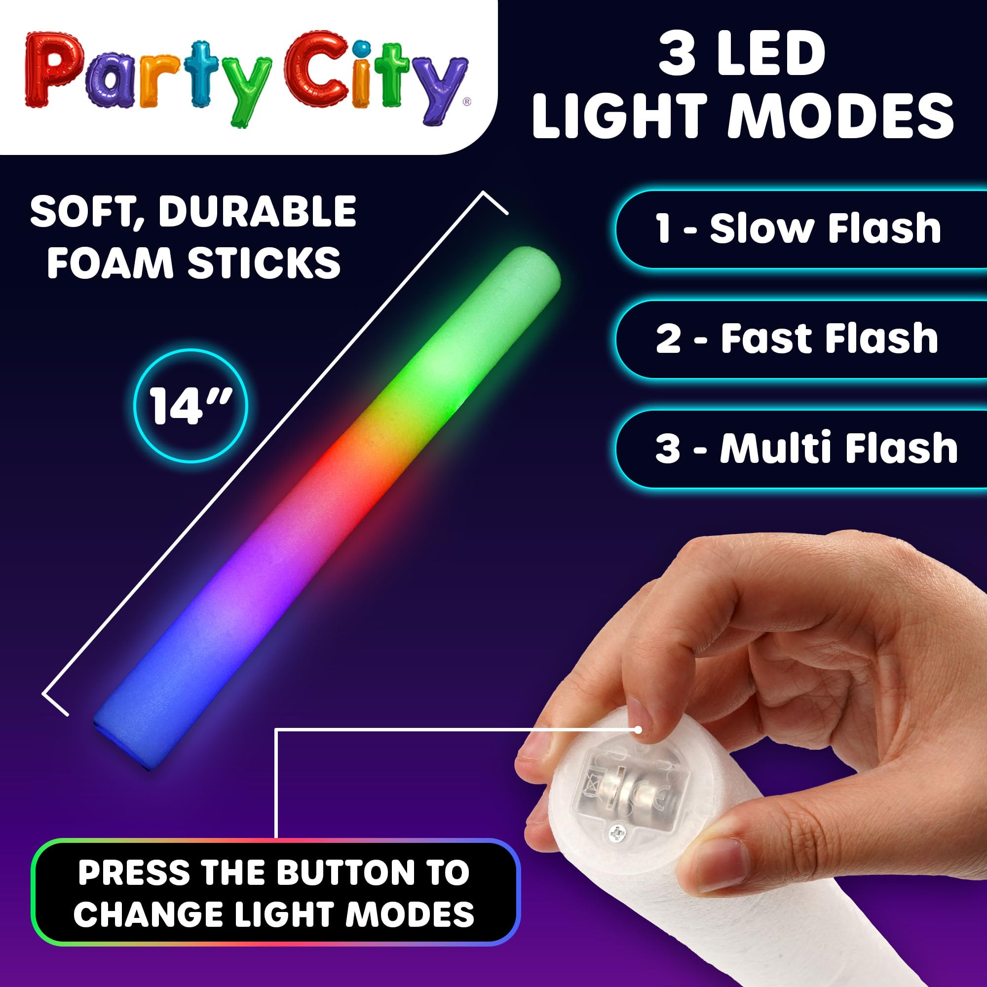 Party City kid-friendly foam glow sticks with non-toxic LEDs for safety.