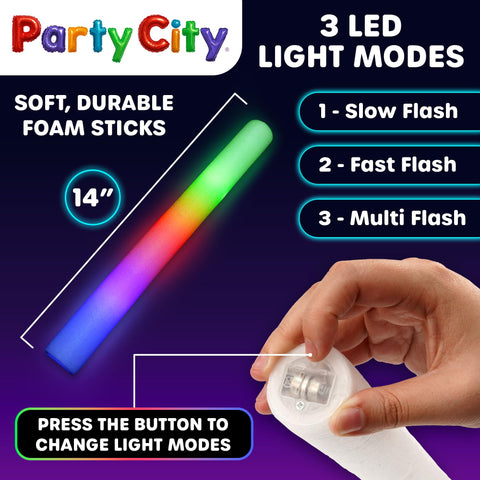 Party City kid-friendly foam glow sticks with non-toxic LEDs for safety.