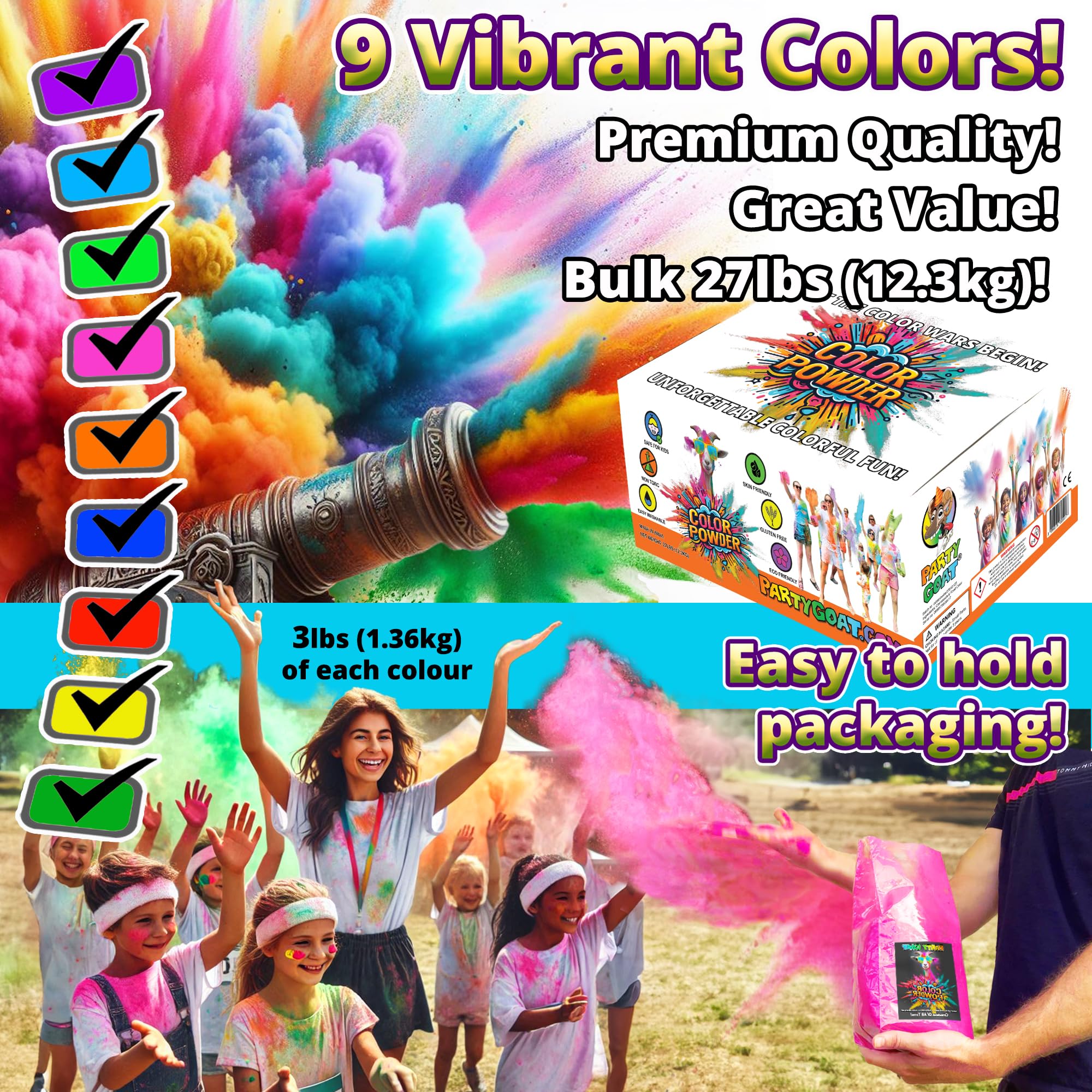 PARTY GOAT 3 lb color powder packets in nine colors for easy setup