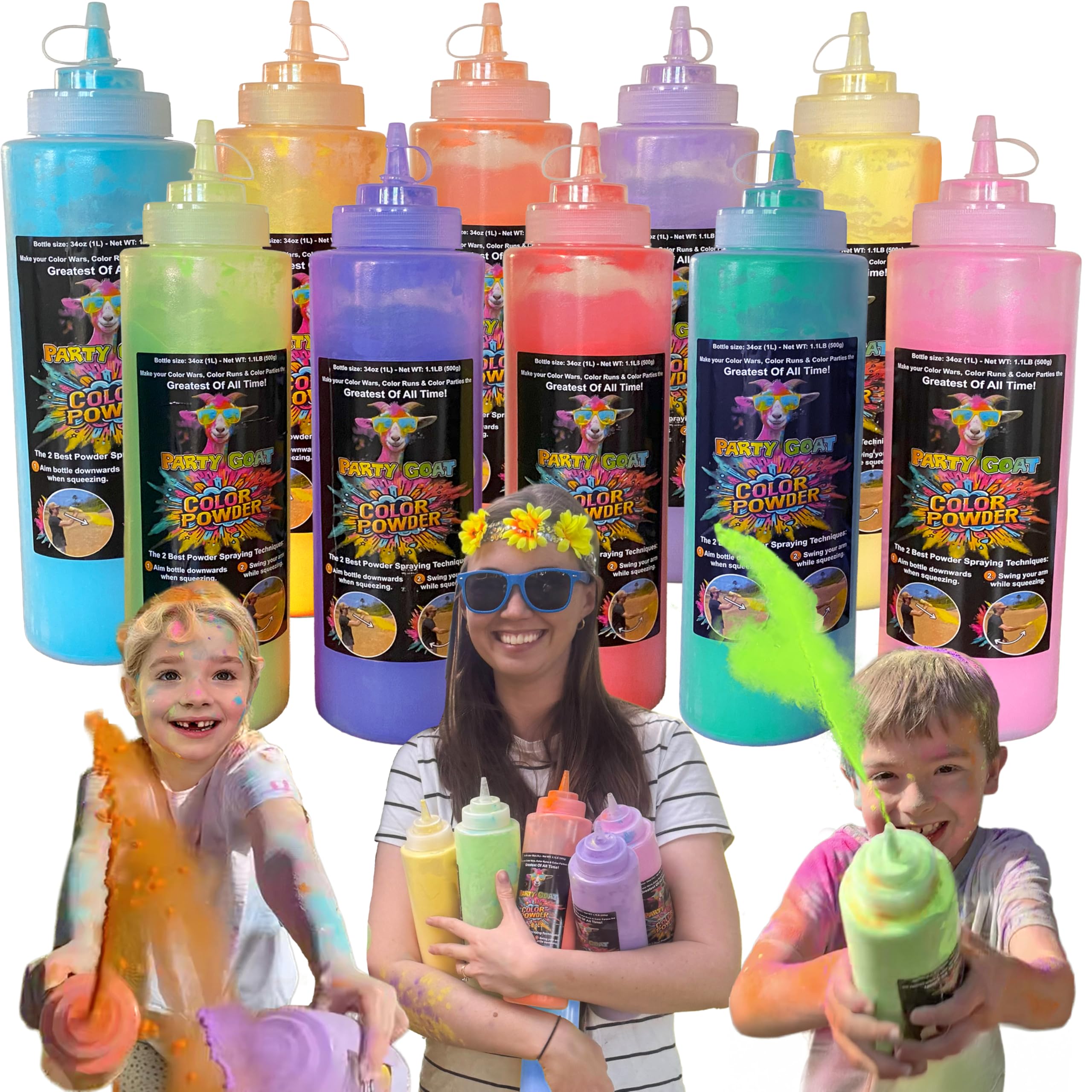 PARTY GOAT color-run squeeze bottle in action for vibrant outdoor fun