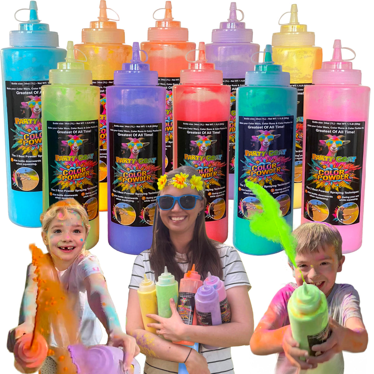 PARTY GOAT color-run squeeze bottle in action for vibrant outdoor fun