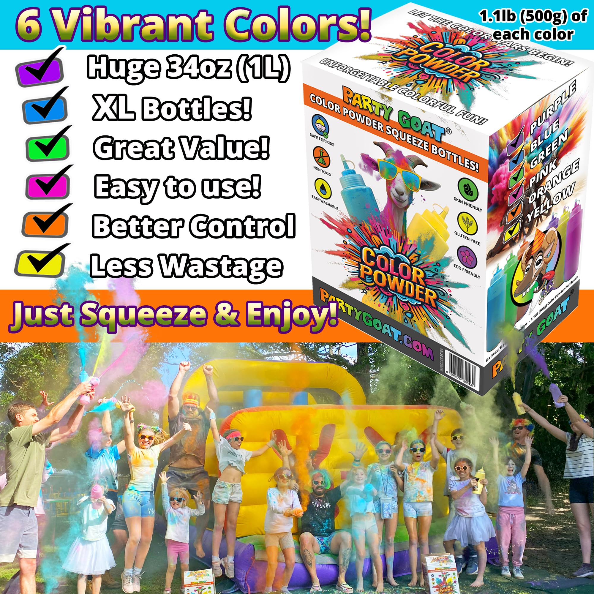 Party Goat color run squeeze bottle blue spray for vivid, easy color bursts during games.