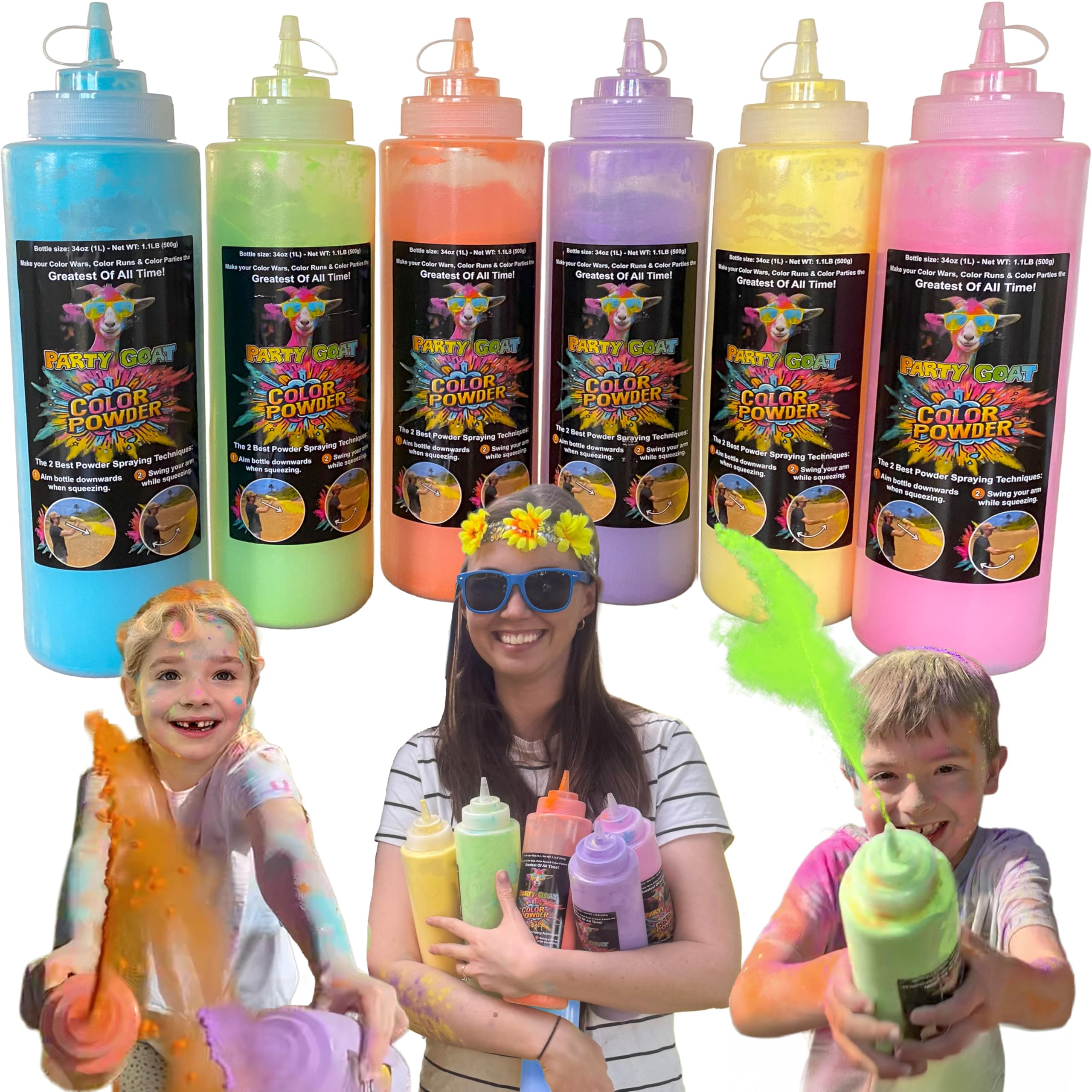 Party Goat color run squeeze bottle green spray for controlled, mess-free color bursts at events.
