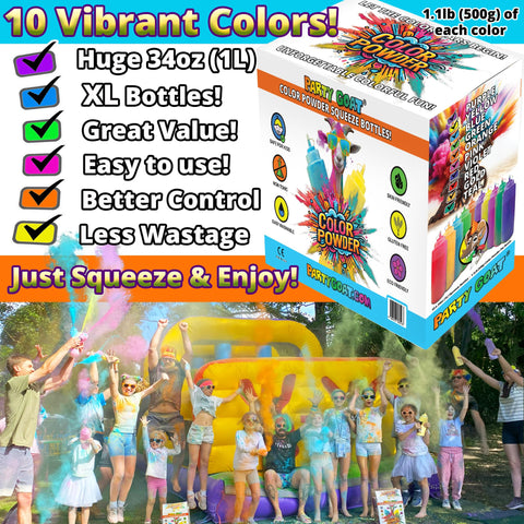 PARTY GOAT holi color powder pack shows ten bright colors for events