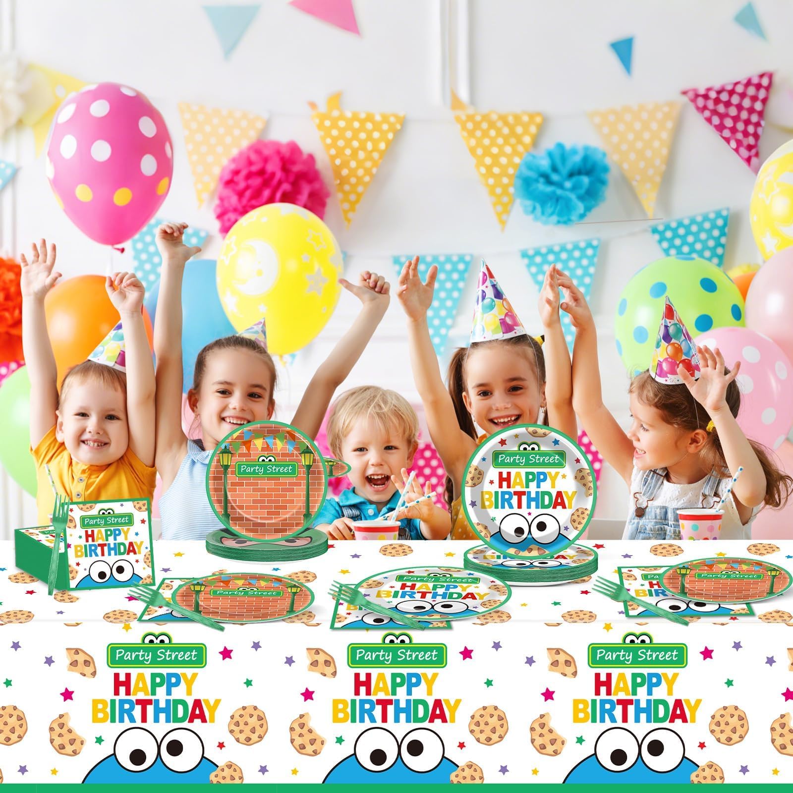 Party Greeting cartoon street decor enhances a festive atmosphere for kids' parties.