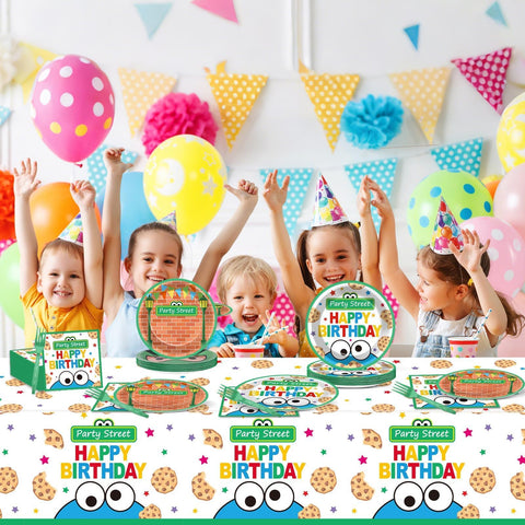 Party Greeting cartoon street decor enhances a festive atmosphere for kids' parties.