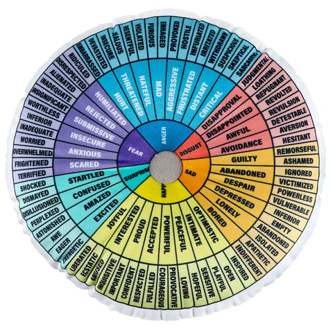 Party Greeting Wheel of Emotions Pillow velvet round design for cozy emotional literacy.