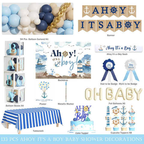 Party Inspo Ahoy It’s a Boy balloon garland creates a vivid nautical centerpiece.