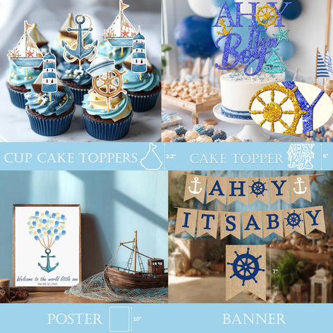 Party Inspo Ahoy It’s a Boy cake topper adds sailor flair.