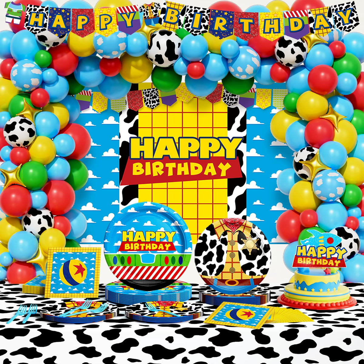 Party Inspo cartoon toy birthday backdrop enhances photos with a playful, themed setting.