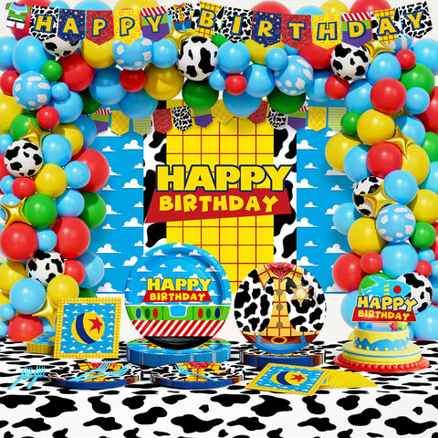 Party Inspo cartoon toy birthday backdrop enhances photos with a playful, themed setting.