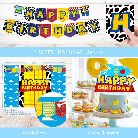 Party Inspo cartoon toy birthday cake topper creates a focal point for treats.